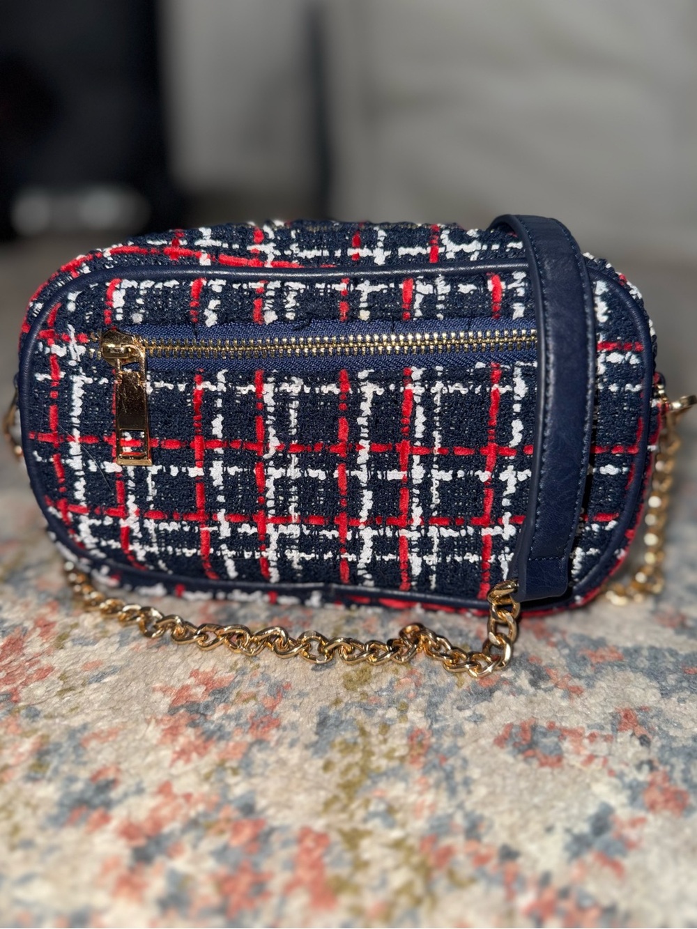 Navy Plaid Tweed Crossbody Bag with Gold Chain
